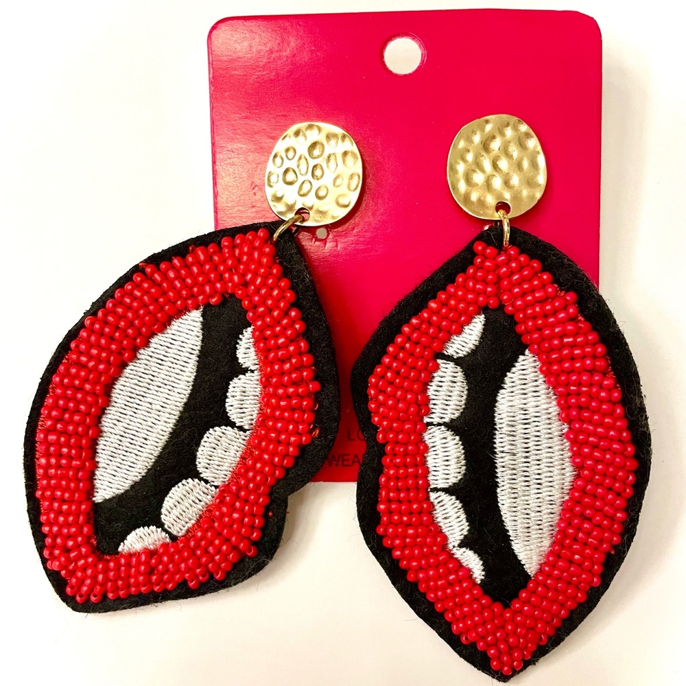 NEW Red Beaded Embroidered Lip Pierced Earrings